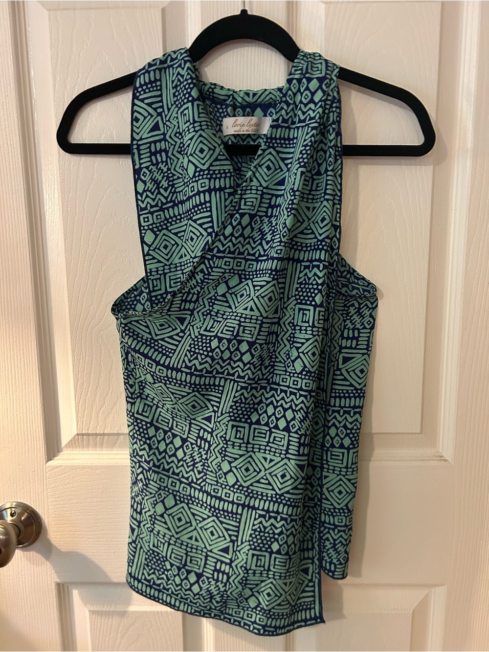 Blue & Mint Geometric Sleeveless Wrap Top